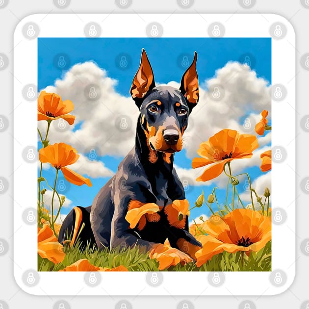 California Poppy Doberman Pinscher Sticker by Doodle and Things